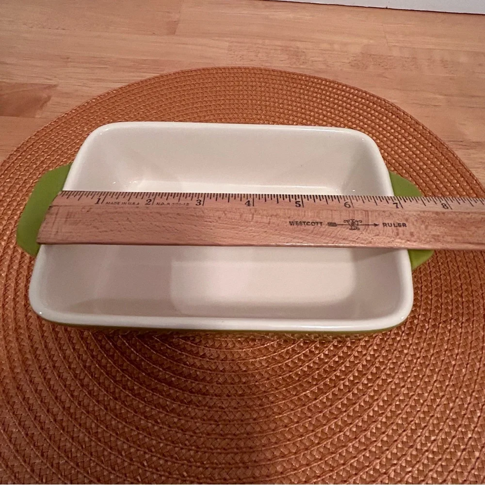 Crate & Barrel Avery Ceramic Baking Dish Green With White Interior & Handles